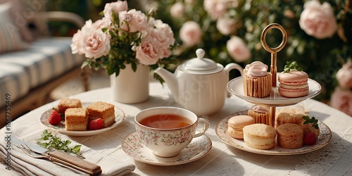 Wallpaper Mural Elegant afternoon tea setting with floral arrangement and assorted pastries outdoors Torontodigital.ca