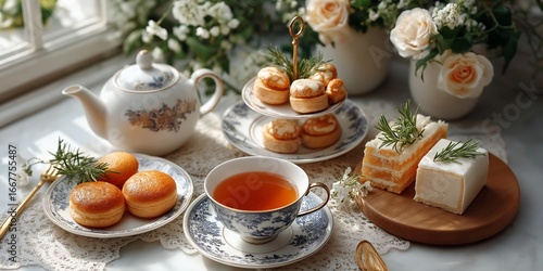 Wallpaper Mural Elegant afternoon tea set with assorted pastries and floral table decor in natural light Torontodigital.ca