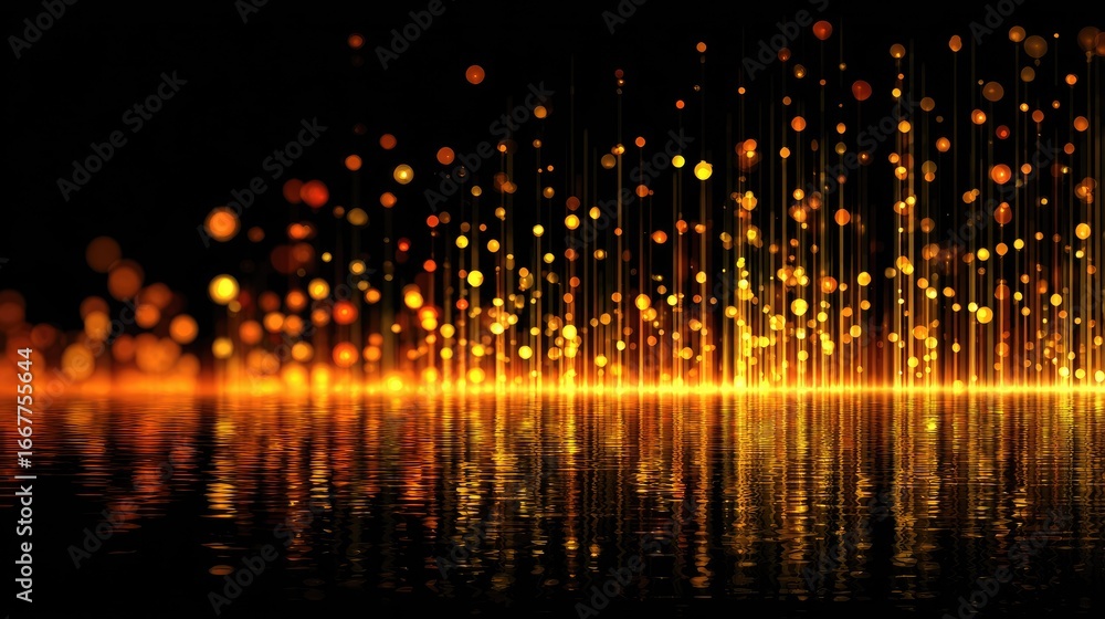 Naklejka premium Golden light streaks rising from a reflective surface, creating a shimmering, abstract effect