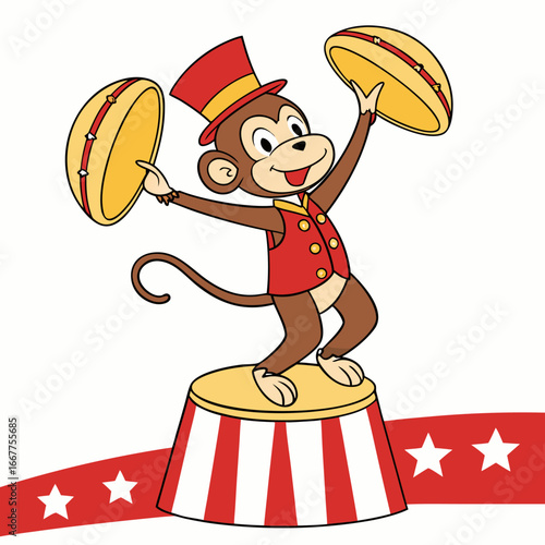 Circus Monkey Playing Cymbals Standing on a Decorated Pedestal