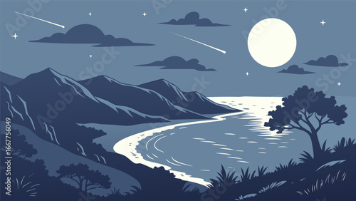 Serene Nighttime Coastal Landscape with Full Moon and Shooting Stars