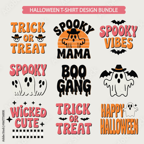 Halloween T Shirt Design Bundle With Ghosts Bats And Pumpkins trick treat