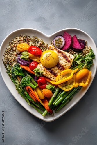 Heart-Shaped Plate with Grilled Halloumi, Quinoa, and Roasted Vegetables on Gray Background