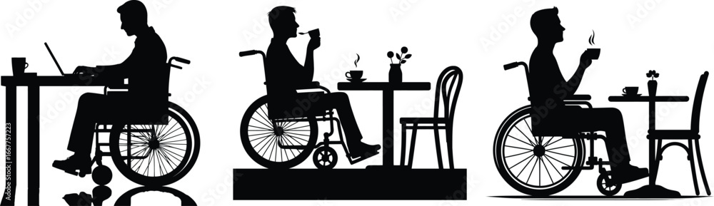 Fototapeta premium Silhouette people in wheelchairs enjoying cafe life working and drinking coffee 
