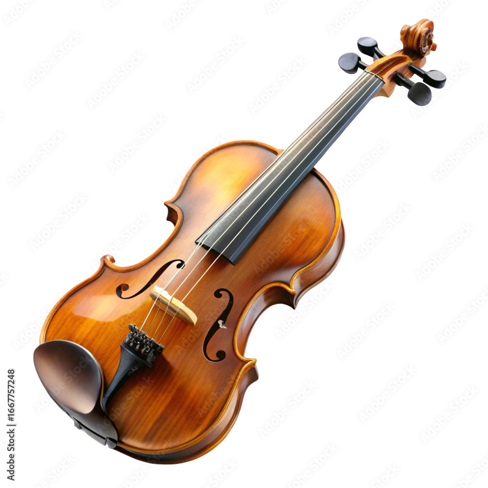 Fototapeta premium Acoustic violin isolated on transparent background, a stringed musical instrument with a wooden body and strings