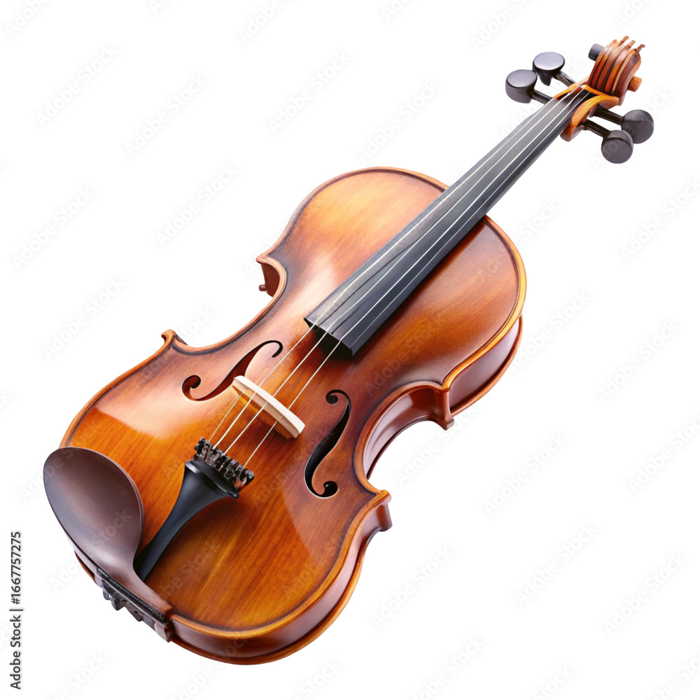 Fototapeta premium Acoustic violin isolated on transparent background, a stringed musical instrument with a wooden body and strings