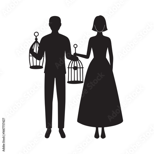 Couple With Pet Birds Silhouette Vector Artwork