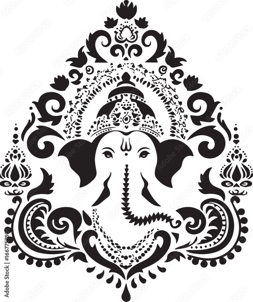 Fototapeta premium Ganesh Ornament: An exquisite line art illustration of Ganesh, the revered Hindu deity, adorned with intricate ornamental details, showcasing cultural richness and spiritual elegance.