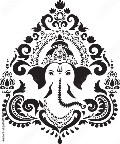 Ganesh Ornament: An exquisite line art illustration of Ganesh, the revered Hindu deity, adorned with intricate ornamental details, showcasing cultural richness and spiritual elegance.