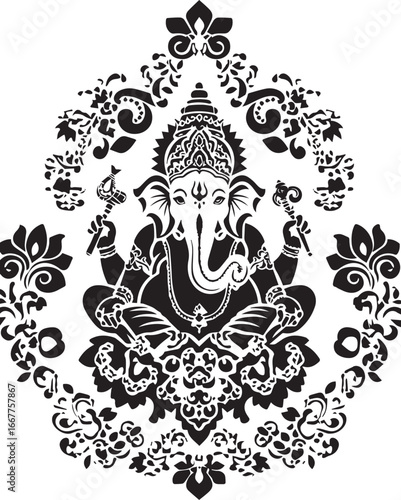 Ganesha Illustration: A beautifully illustrated Ganesha, showcasing intricate details and symbolic elements, embodying wisdom, prosperity, and auspicious beginnings.