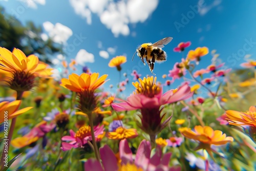 Wallpaper Mural Bumblebee buzzing through vibrant wildflowers under a bright blue sky with fluffy clouds Torontodigital.ca