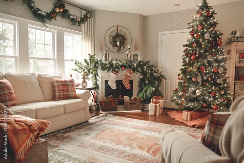 Wallpaper Mural Warm cozy living room adorned with a glowing Christmas tree fireplace and festive decor Torontodigital.ca