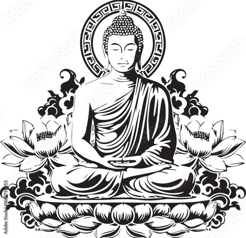 Tranquil Buddha Meditating: A serene depiction of Buddha in deep meditation, exuding peace and enlightenment amidst an artistic lotus arrangement.