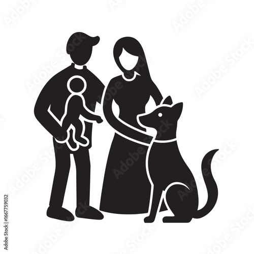 Family Hugging Pets Silhouette Vector Artwork