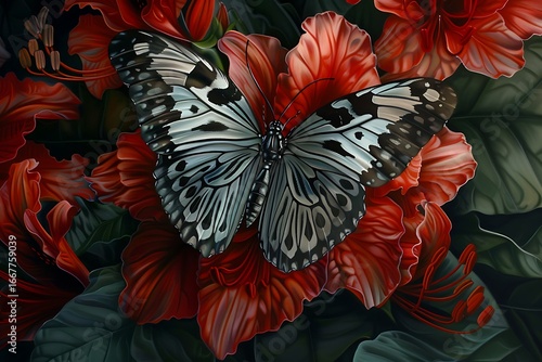 Wallpaper Mural Stunning butterfly rests on vibrant red flower, showcasing intricate wing patterns in close-up detail Torontodigital.ca
