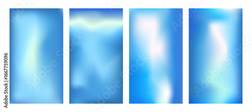 Set of blue gradients backgrounds. Vertical pool water soft textures. Christmas sky abstract prints for social media. Minimal gradation swimming pool air view posters backdrops. Vector illustration.