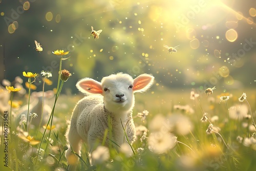 Wallpaper Mural Adorable fluffy lamb explores a sunny meadow filled with wildflowers and buzzing bees Torontodigital.ca