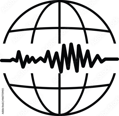Earthquake globe icon , black solid and outline typography vector with text Earth Quake, global disaster awareness, seismic safety, emergency alert, rescue campaign, logo and symbol design