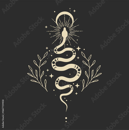 Mystical composition with a snake, crescent moon, stars and leaves on a dark background. Magic illustration