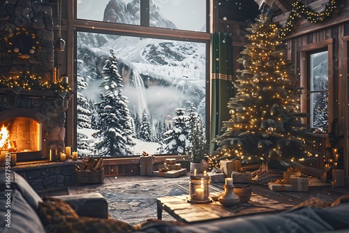 Wallpaper Mural Cozy Christmas cabin retreat with roaring fireplace and festive tree overlooking snowy mountain waterfall Torontodigital.ca
