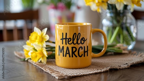 Warm yellow mug with hello march text sits on a rustic placemat surrounded by cheerful daffodils in soft natural light