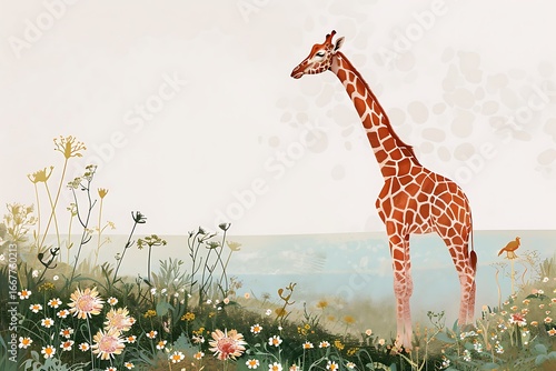 Wallpaper Mural Graceful giraffe standing amidst a vibrant meadow filled with wildflowers and a small bird nearby Torontodigital.ca