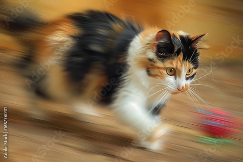 Wallpaper Mural Dynamic calico cat pouncing with intense focus on a blurred background, capturing playful energy Torontodigital.ca