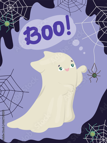 Adorable ghost surprises a hanging spider with a Boo, surrounded by cobwebs. The cartoon-style illustration captures a playful Halloween scene, blending spooky and cute elements.