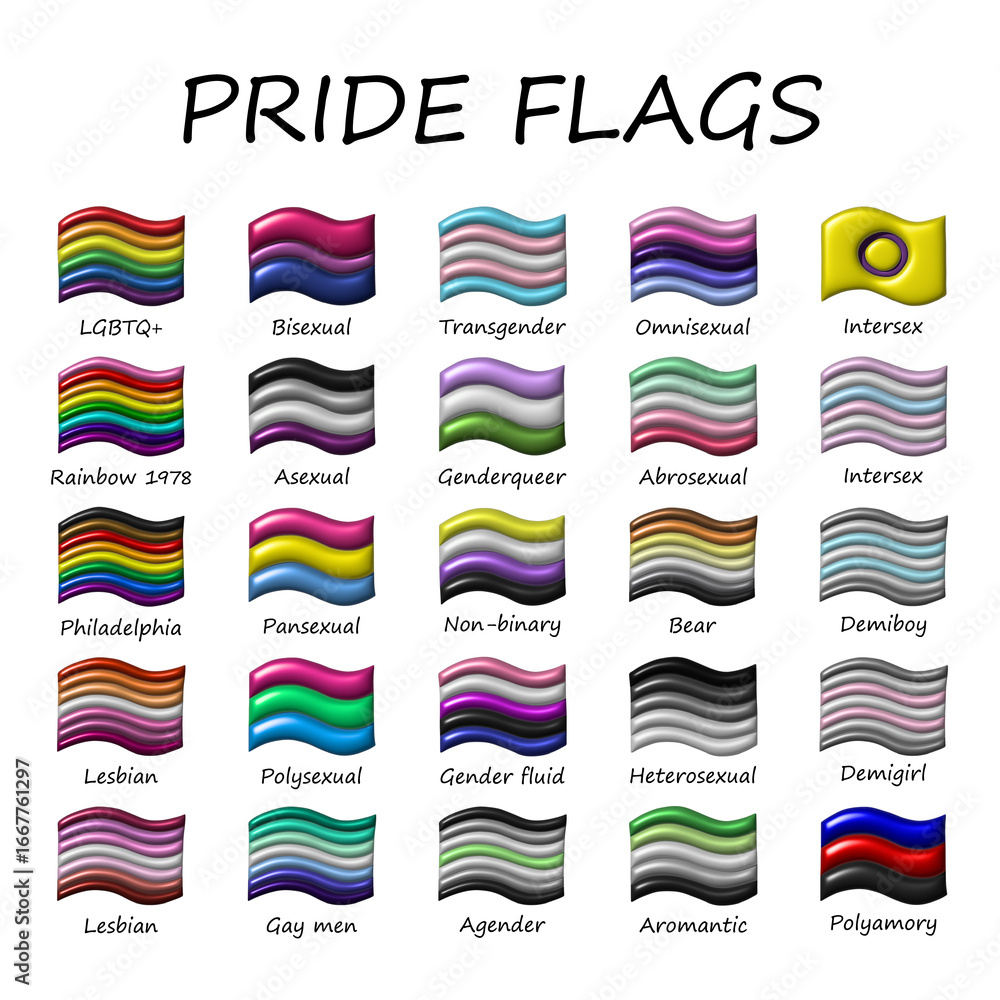 Fototapeta premium Set of colorful 3d LGBTQ+ pride flags Gender equality and sexual identity pride flags collection LGBTQIA community pride month