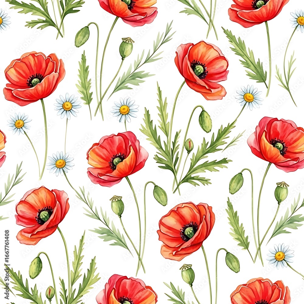 Fototapeta premium Vibrant watercolor seamless pattern of red poppies and delicate white daisies on a light background