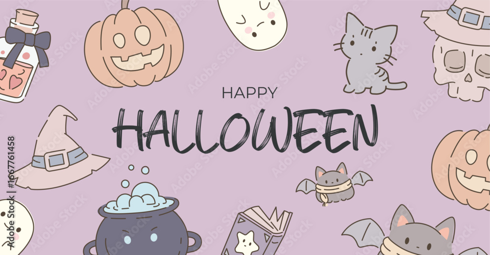 Fototapeta premium Happy Halloween cute and pastel vector flat cartoon card or web banner with bats, pumpkins, ghosts, cat. Halloween design for promo, decoration, ads, greetings, cover, print, label, poster