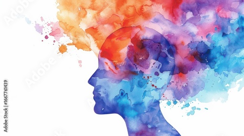 Abstract watercolor silhouette exploring mental health and emotional well-being concepts. Horizontal banner. Copy space. Watercolor illustration. Stress Awareness Day