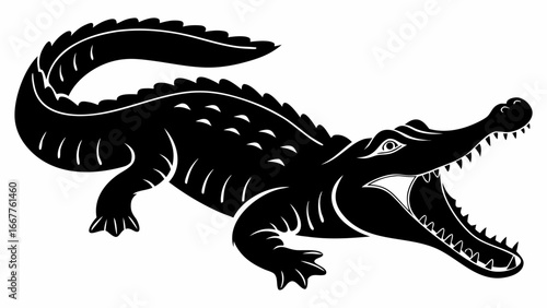 Black silhouette of an alligator with its mouth open showing teeth on a white background design vector