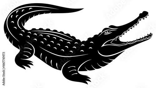 Illustration of a black alligator with an open mouth and visible teeth, lying on a white background silhouette