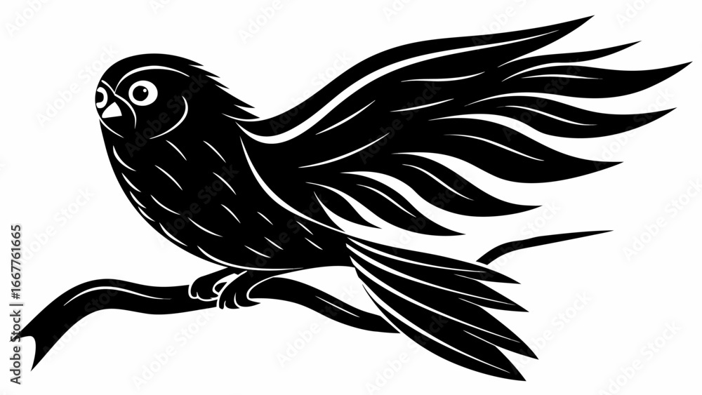 Fototapeta premium Illustration of a black bird perched on a branch with stylized wing feathers in monochrome design style silhouette
