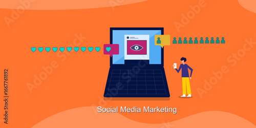 Social media post views, increase post like and page followers, man with mobile monitoring digital growth.