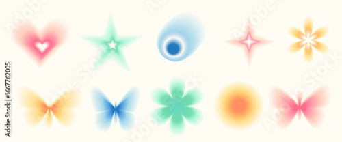Blur gradient shape set. Y2k retro heart, star and circle with flower. Colorful gradation butterfly, crown icons on beige background. Trendy effect with blurry texture. Vector illustration.
