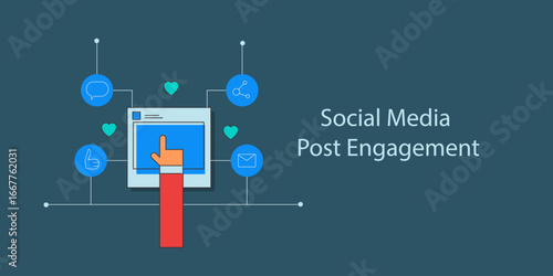 User hand taps on social media post activating communication and engagement, digital networking.