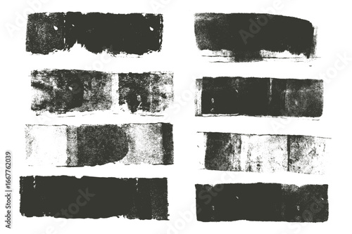 Straight thick grunge underlines. Linocut rolled brush stroke set. Handmade ink rectangle rough stamps. Vector black paint lines shapes. Dry marker or brayer smear textures. Callout edged figures.