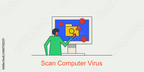Man with magnifier inspecting suspicious file, computer virus scan, multiple web virus detected with warning alert sign.