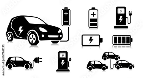 Electric car charging icons and battery symbols
