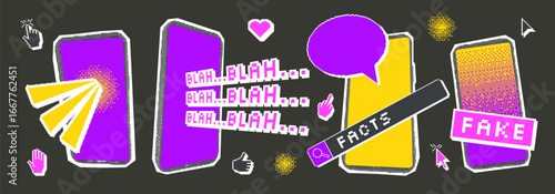 Fake news halftone and pixel arts elements. Smartphones screens with cursors. Collage with pixel art and magazine cutouts. Retro icons collection. Vector stickers isolated on dark background.