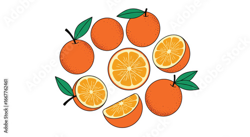 Vibrant oranges and slices with green leaves create a fresh, healthy, and natural pattern for food.