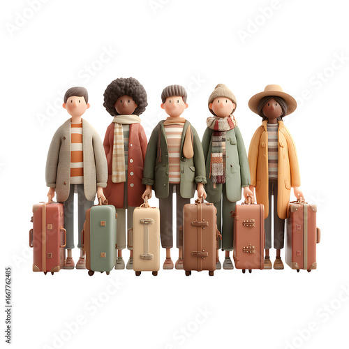 Modern 3D cartoon travelers with rolling suitcases, diverse tourist group lineup. Minimal isolated png for travel ads