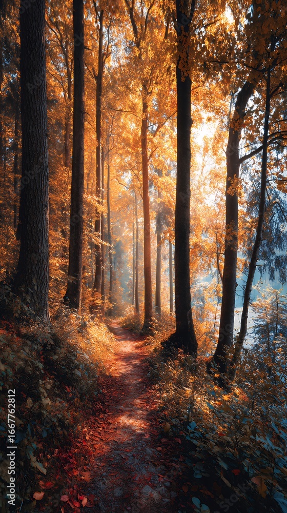 Obraz premium pathway through a bright autumn forest