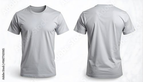 Front and back view of plain classic crew neck short sleeve unisex t-shirt in light gray color isolated on white background