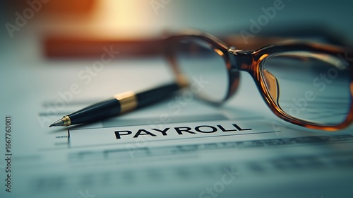 A close-up view of a payroll document alongside a pen and glasses, highlighting financial paperwork in a professional setting.