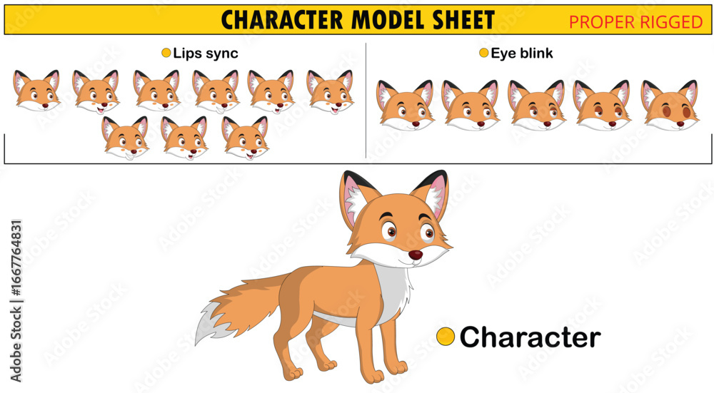 Fototapeta premium Character Model Sheet for Fox Animation Lips Sync and Eye Blink