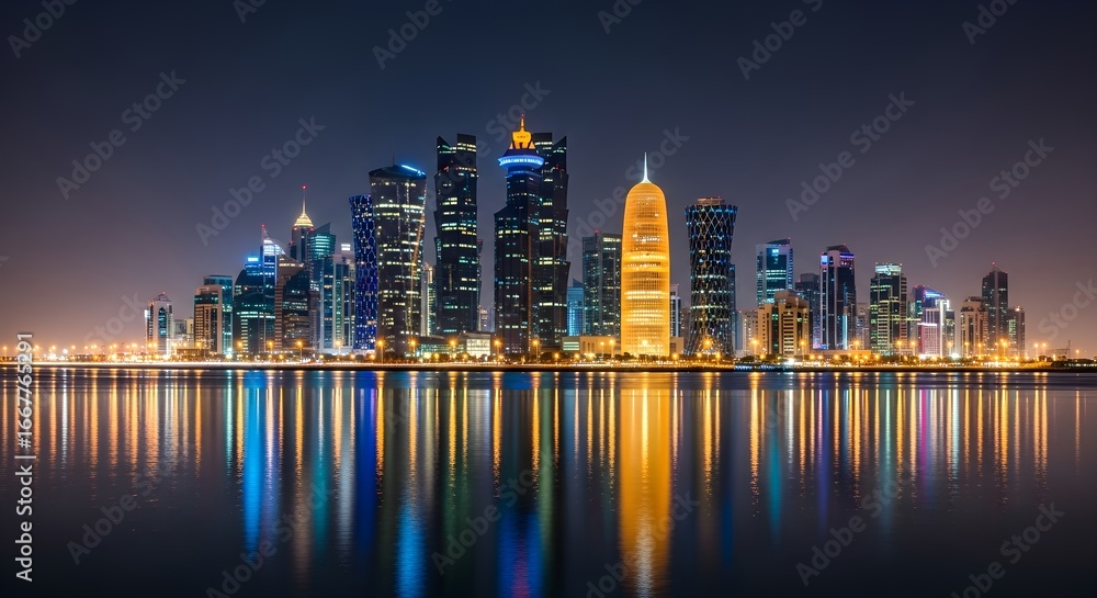 Obraz premium Doha Skyline Night View, Qatar Cityscape.