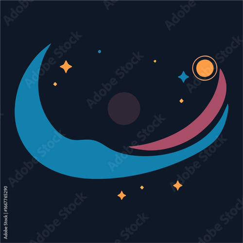 Modern Abstract Vector Illustration of Crescent Moon, Shining Sun, and Stars in Minimal Cosmic Design for Night Sky and Space Art